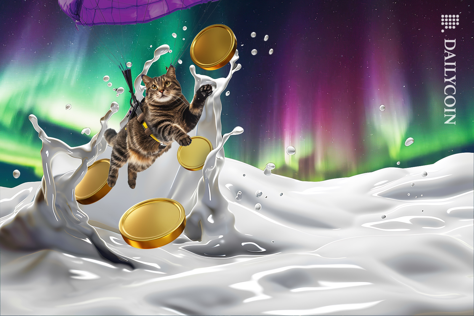 Cat with a parachute falling into a sea of milk with coins.