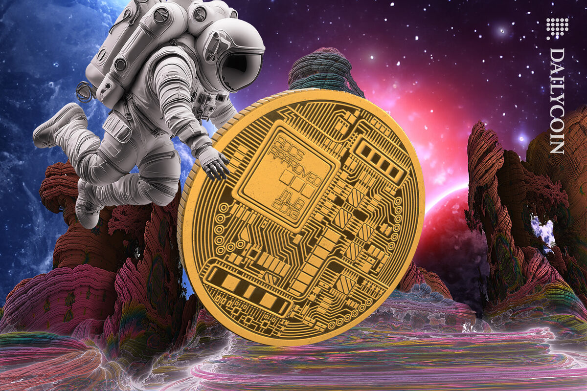 Astronaut bringing a massive coin to a digital moon land.