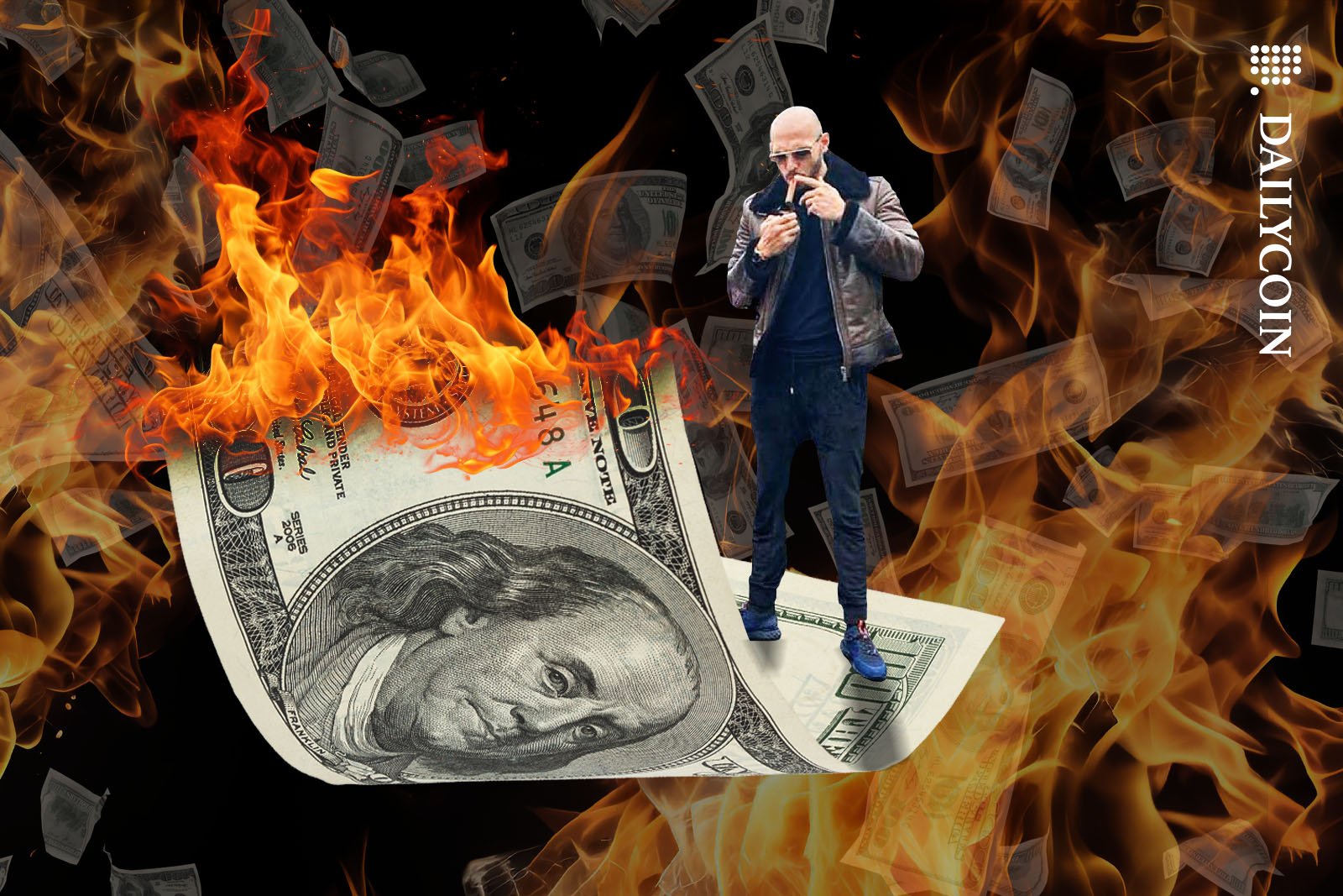Adrew Tate standing on a burning 100 dollar bill as he is lighting up a cigar.