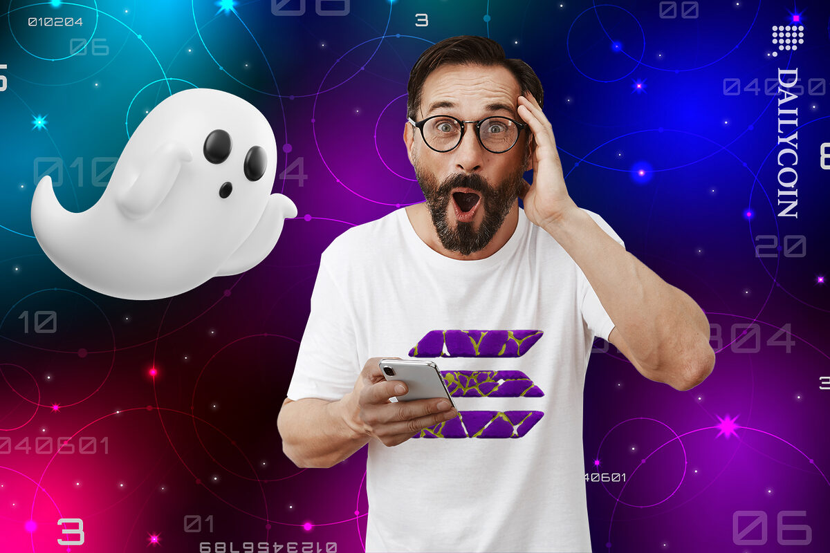 Guy and phantom wallet ghost character surprised by the mobile number results. Man is wearing a solana t shirt.