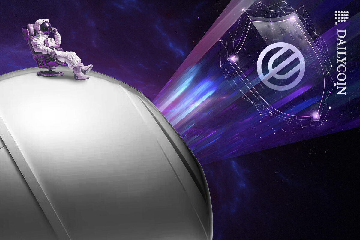 Spaceman looking after the security protection of worldcoin, sitting on an orb.