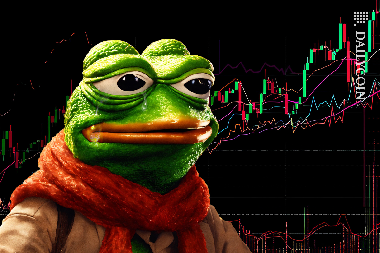 Pepe meme crying over his chart worried.