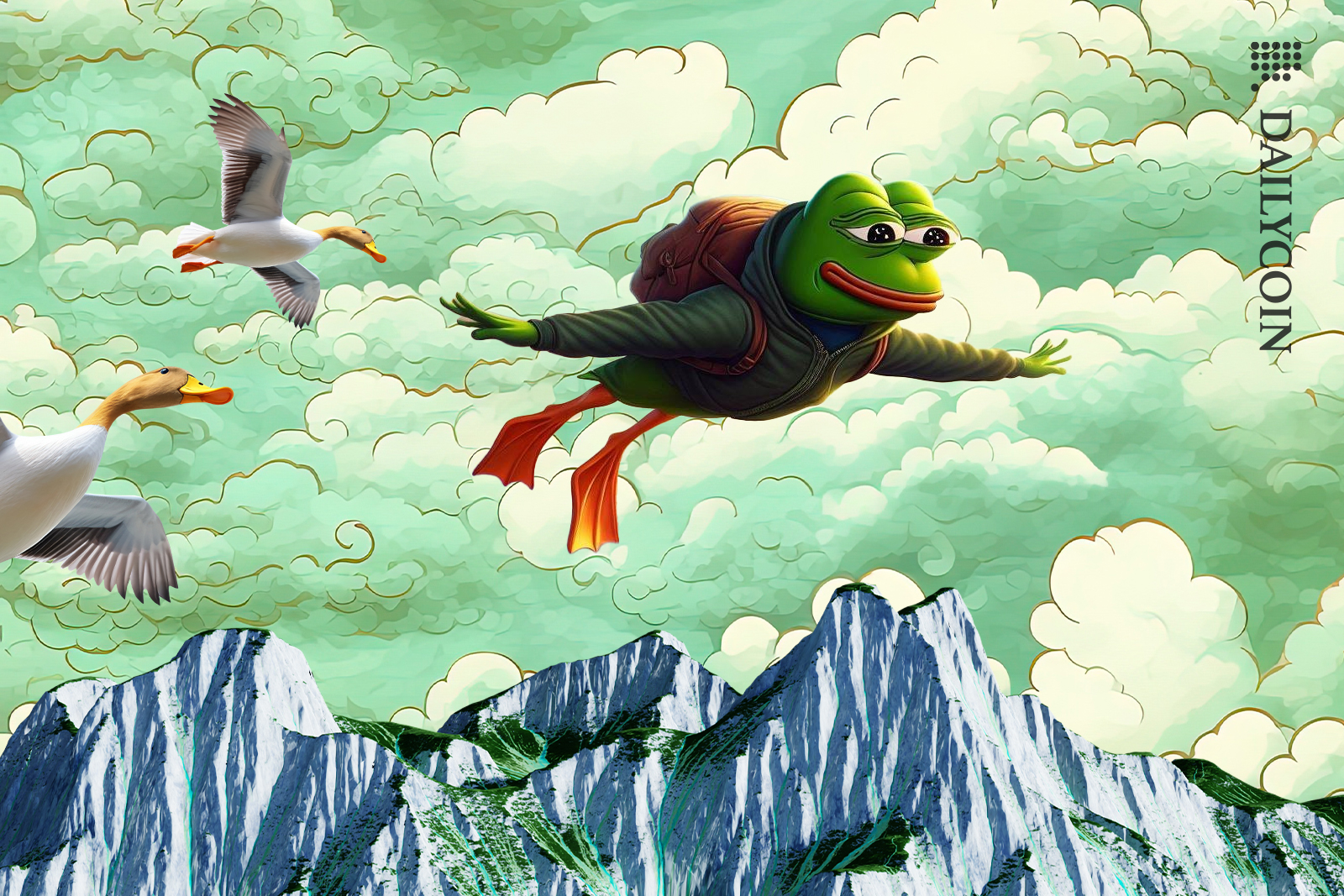 PEPE soaring through the air above mountain peaks.