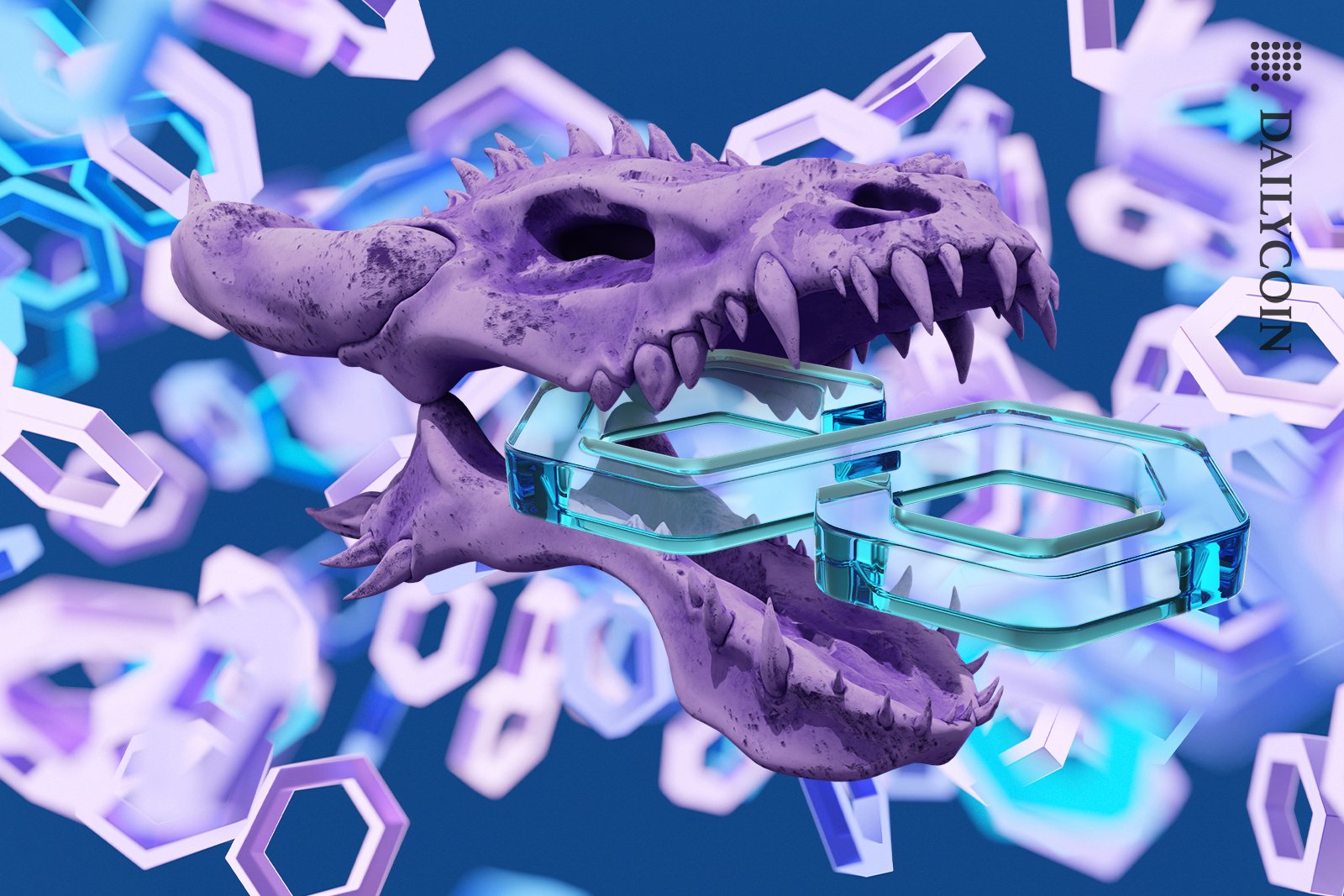 Animal scull with a Polygon Matic in the mouth, with blockchain elements floating.