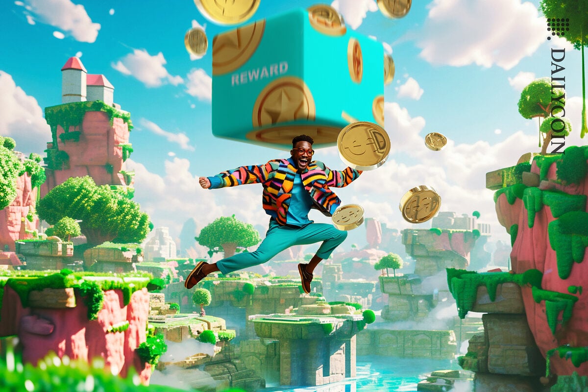 Man jumping in the air to collect his crypto reward.