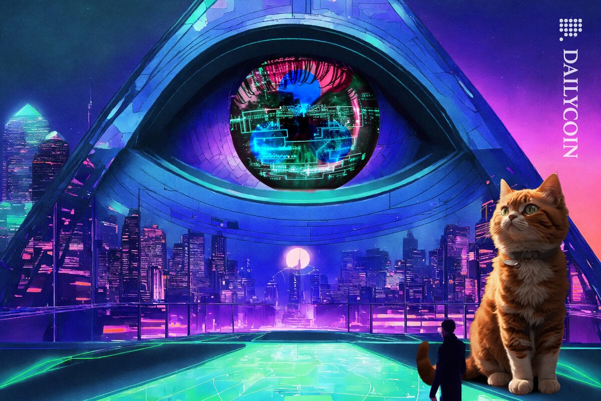 Cat looking at digital eye in a triangle and ripple (XRP) reflection on it.