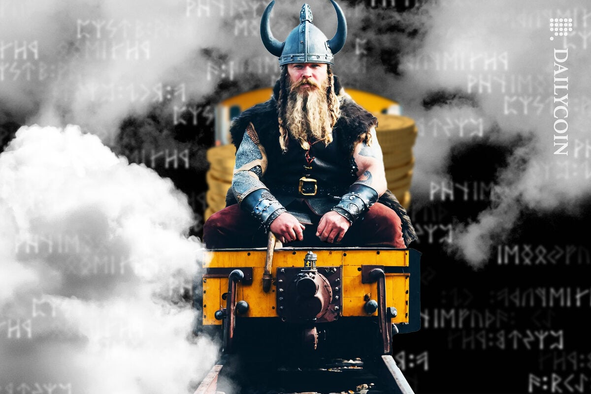 Viking riding a steam train with Bitcoin Runes.