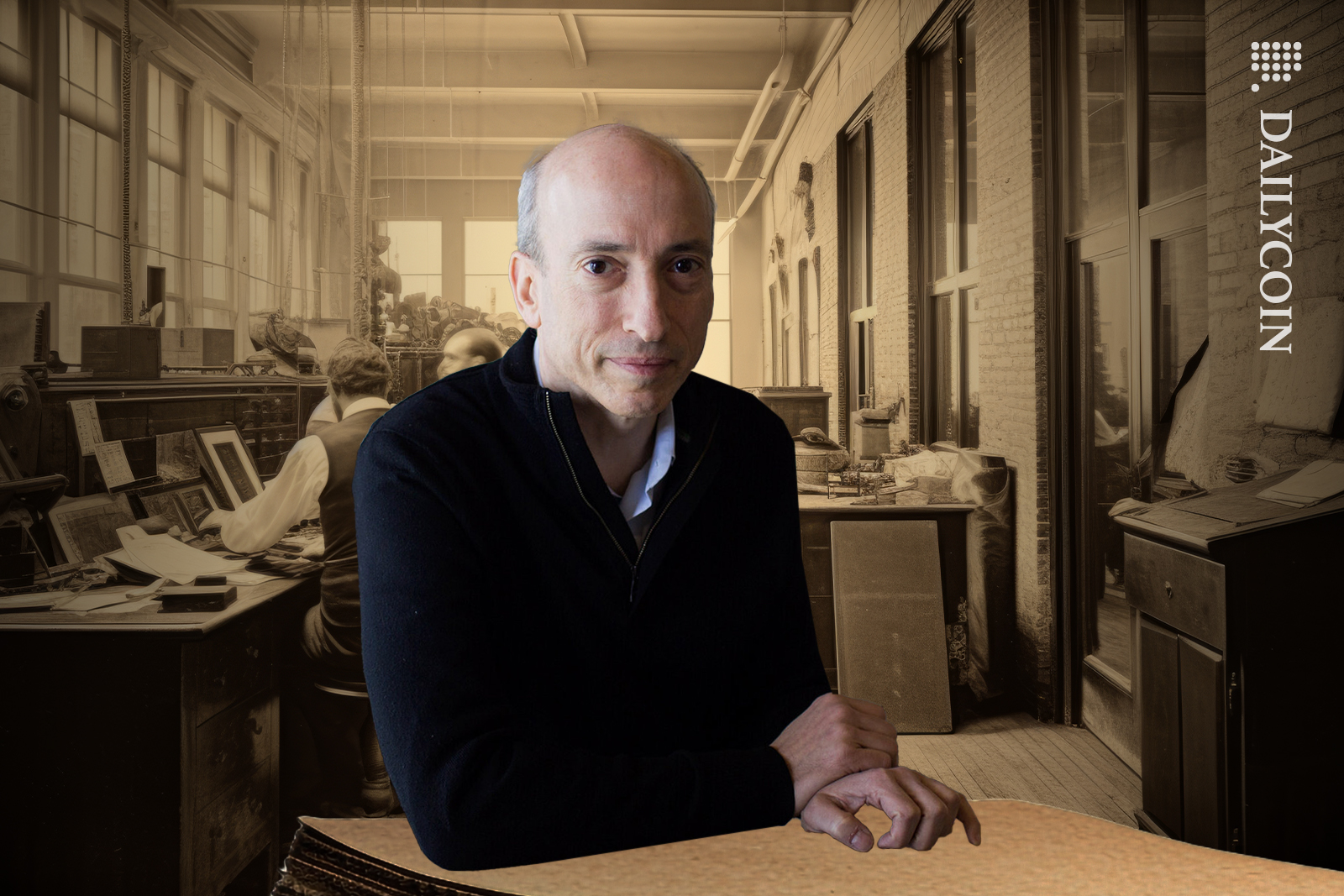 Gary Gensler sitting in a really old office, hands placed on old documents.