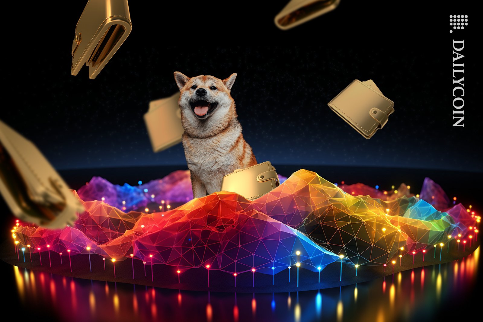 Shiba inu on DEFI land with gold wallets in the air.