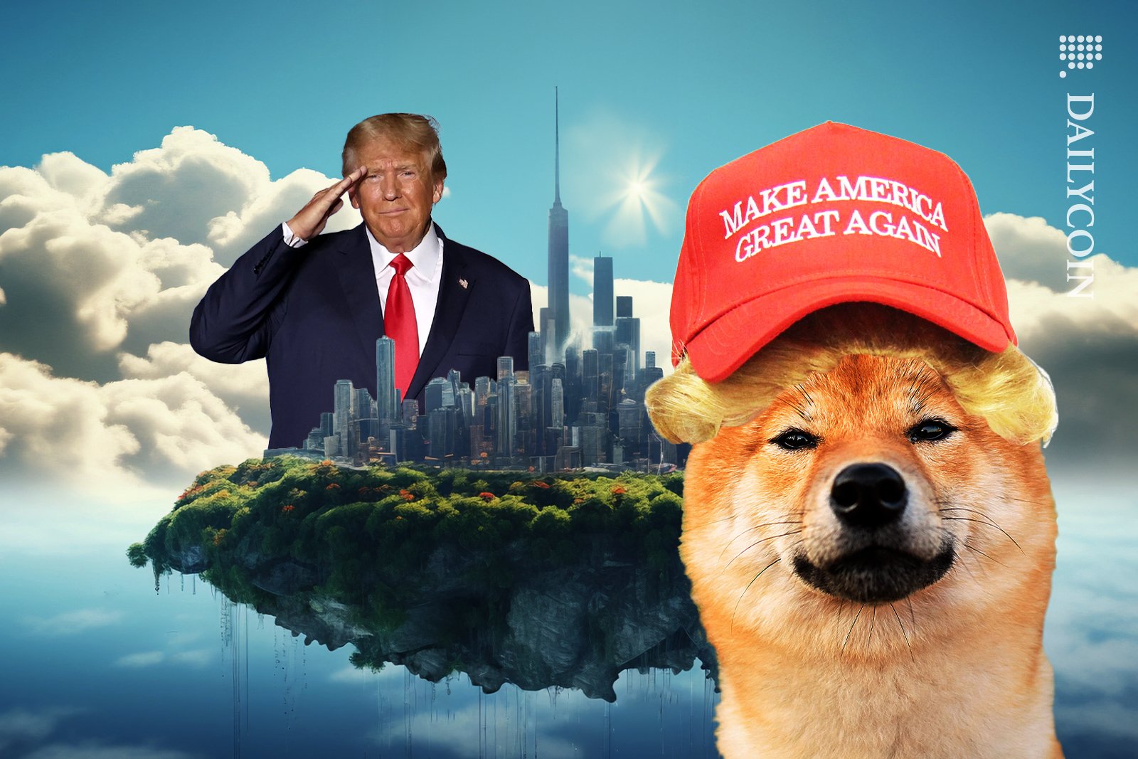 Donald Trump saluting Shiba Inu wearing his campaign hat '' make America great again''.