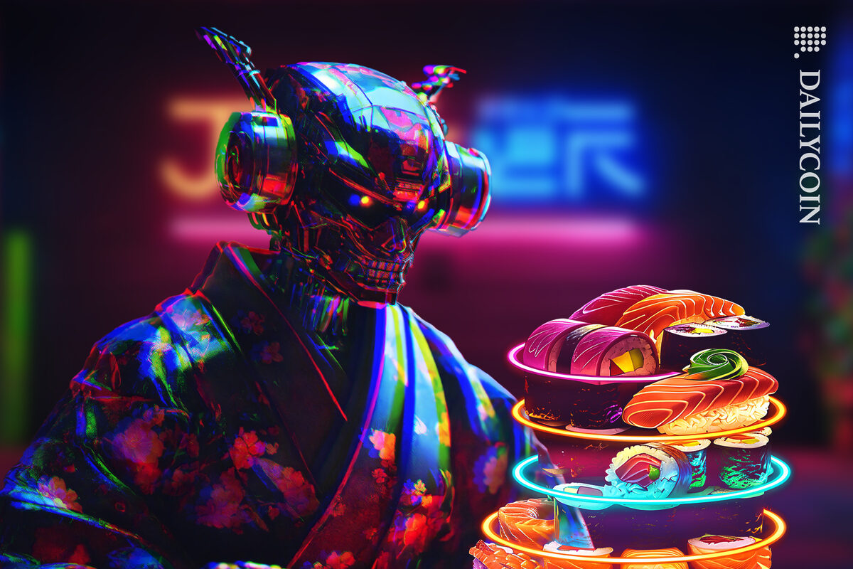 Holographic robot with a platter of digital sushi.