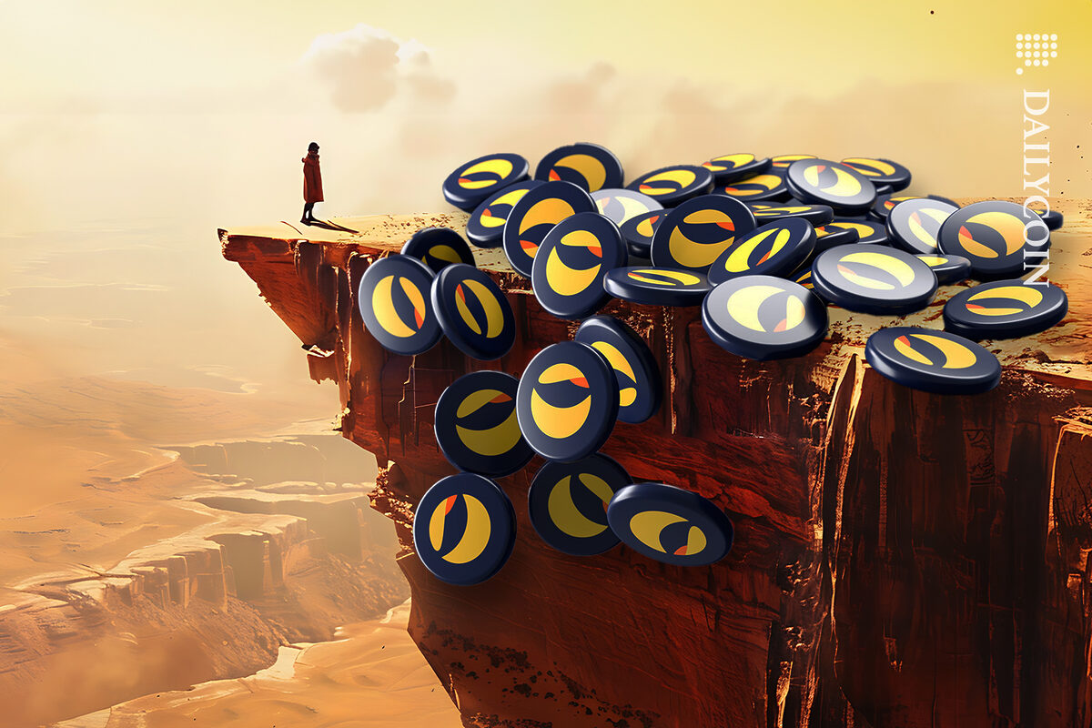 Huge pile of Terra luna coins falling of a massive cliff.