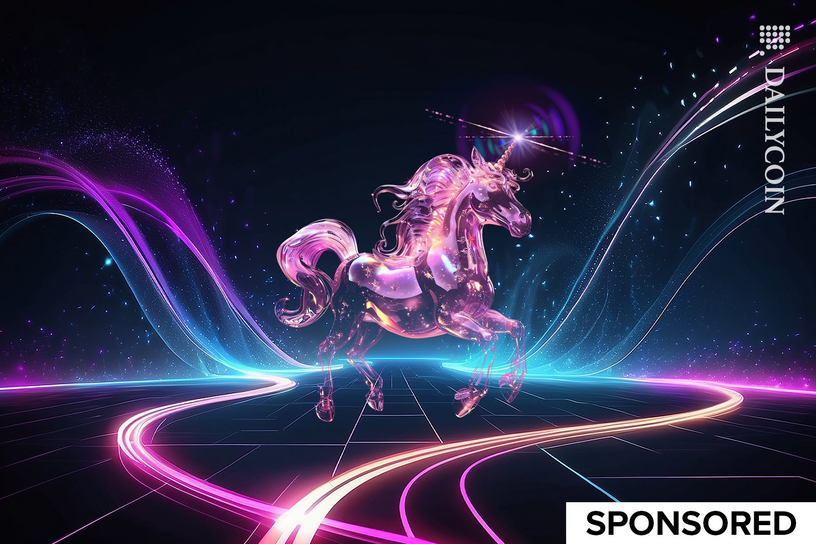 Digital magical unicorn on a road.