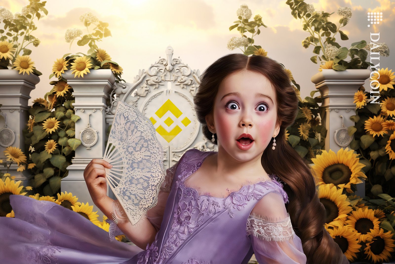 Surprised Victorian girl surrounded by sunglowers by the gates of Binance BNB.