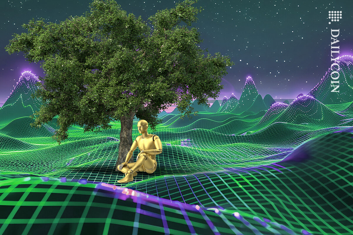 Robot sitting under a tree on a digital land.
