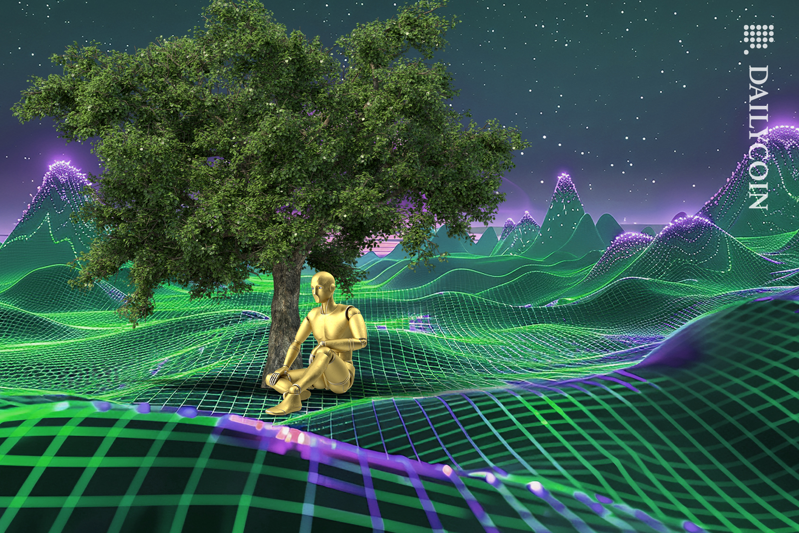Robot sitting under a tree on a digital land.