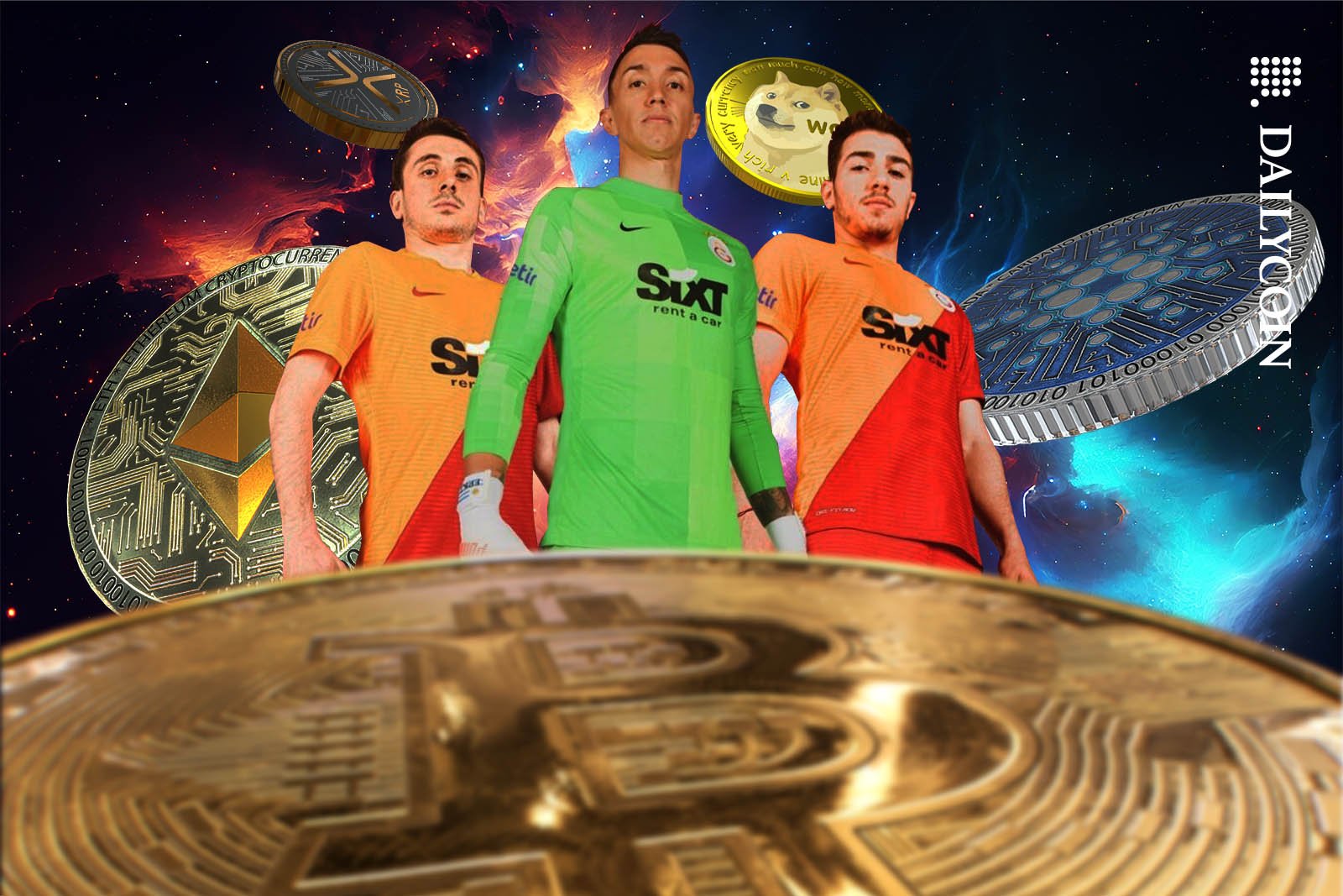 Turkish football players pozing with crypto coins in space.