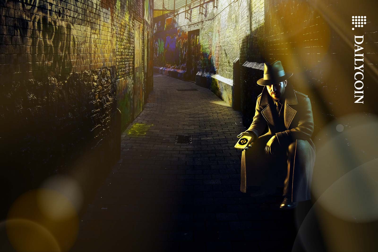 Man selling a Binance branded golden ticket in a dark graffiti covered alley.
