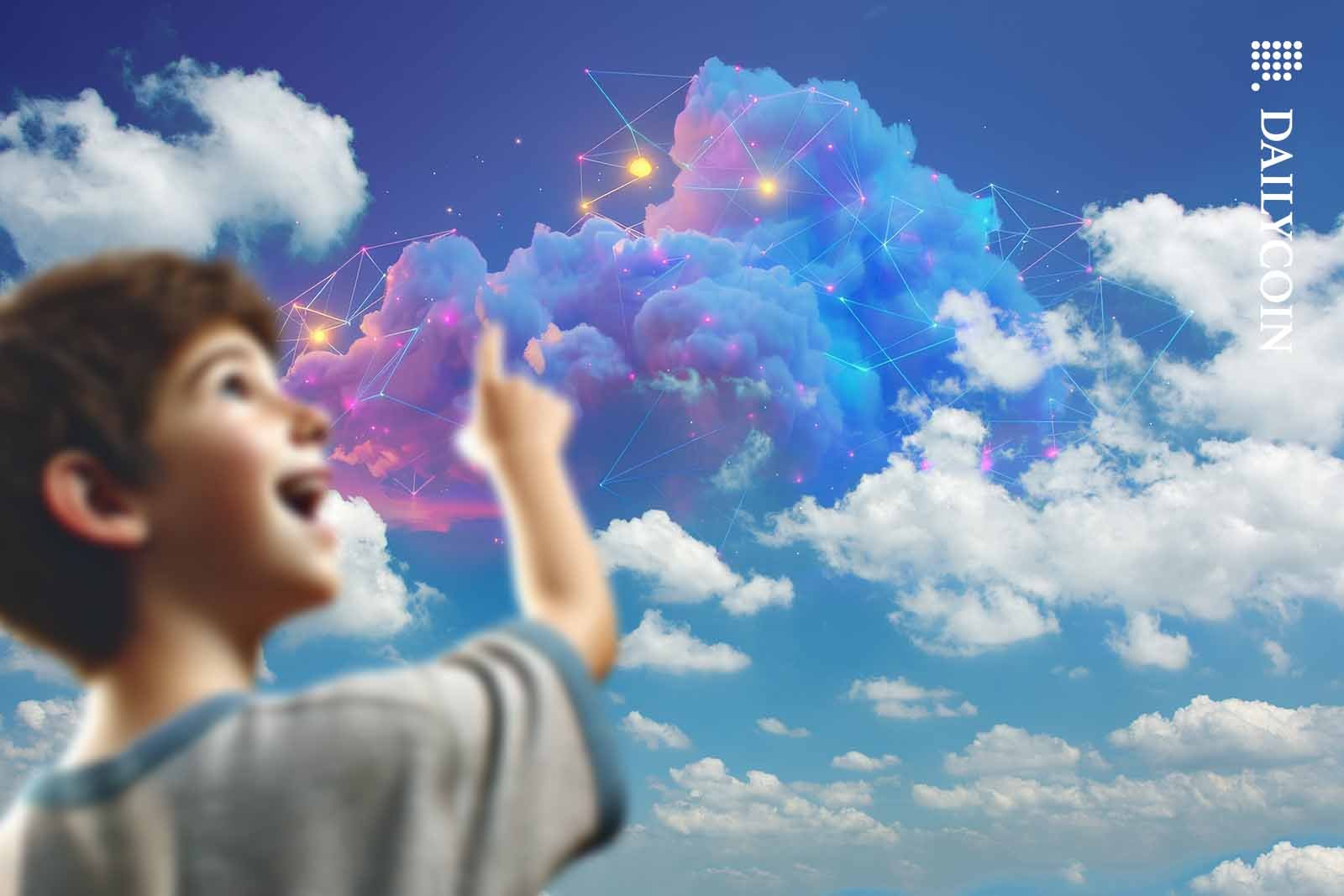 Little boy pointing at the sky with joy at a digital cloud with web3 capabilities.