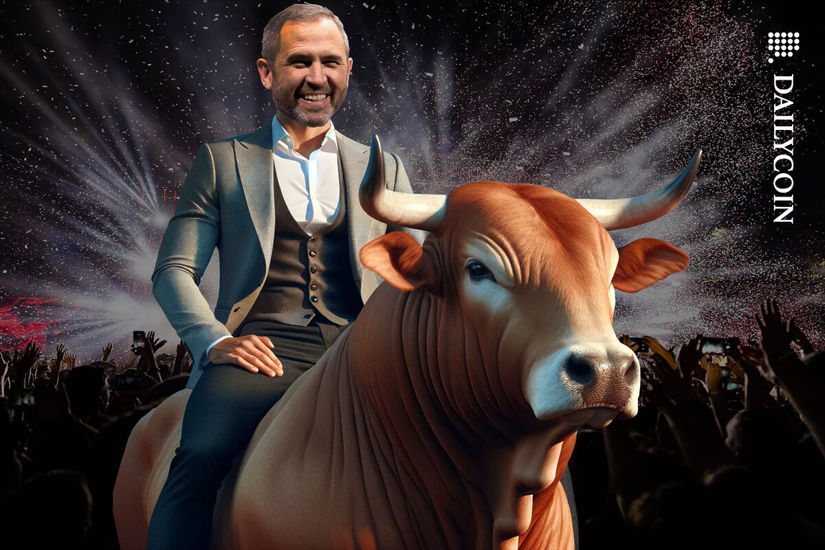 Brad Garlinghouse riding a bull to victory with a huge crowd celebrating him.