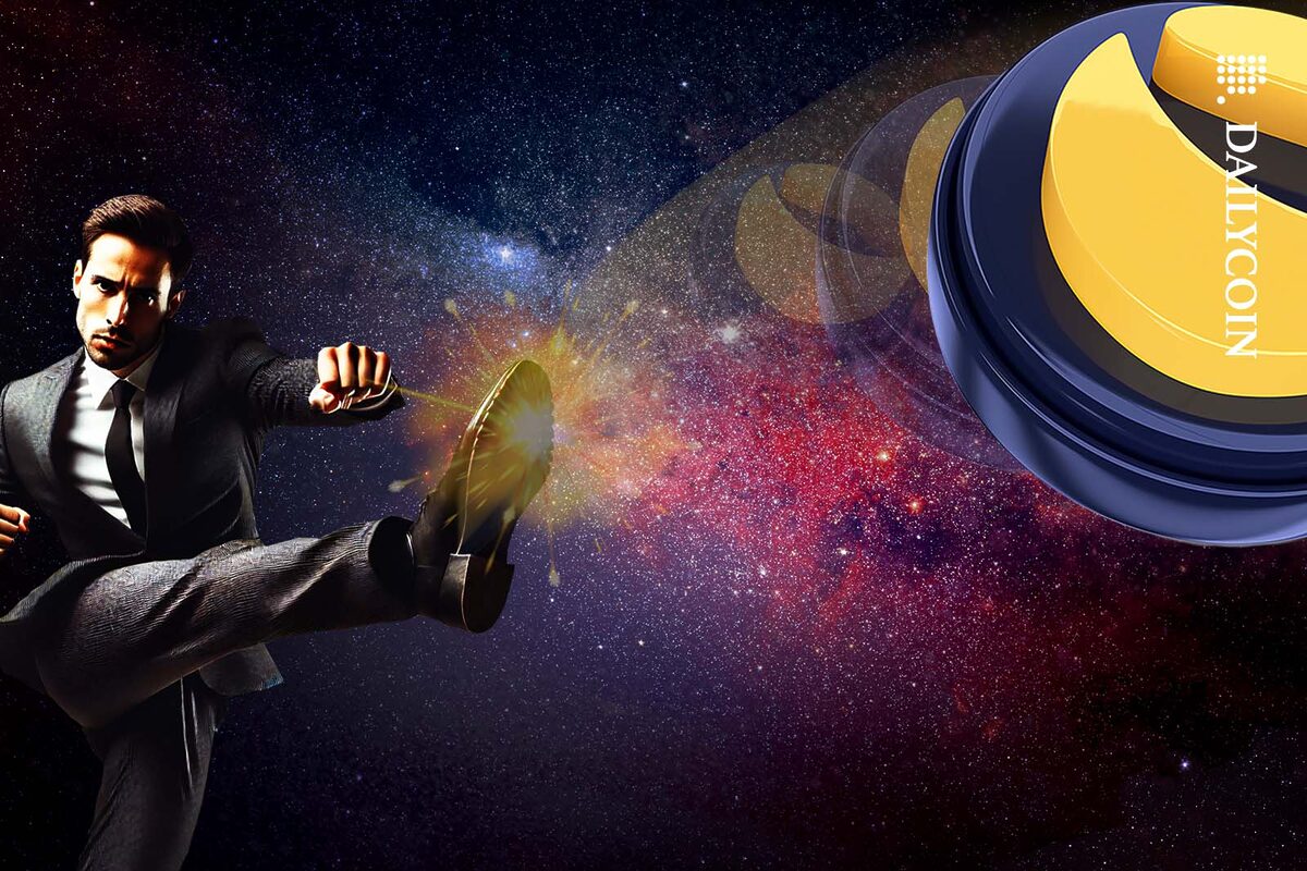 Man in suit kicking a Terra Luna coin out of the galaxy.
