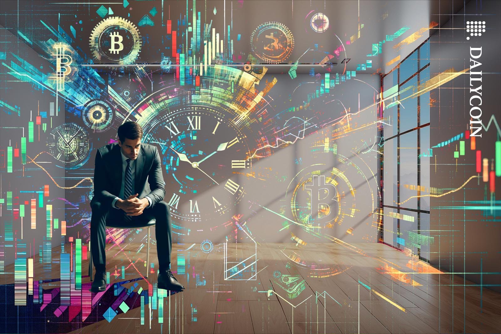 Man in suit sitting in a room filled with glitchy digital representations of time and cryptocurrency.