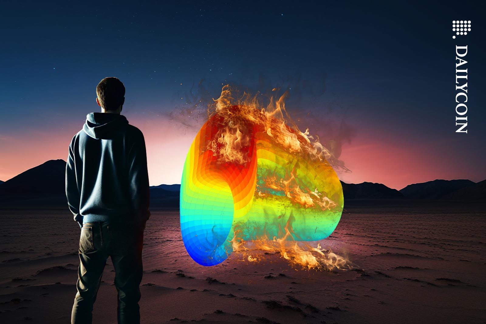 A man watching a huge CurveDao logo burn in a desert at night.