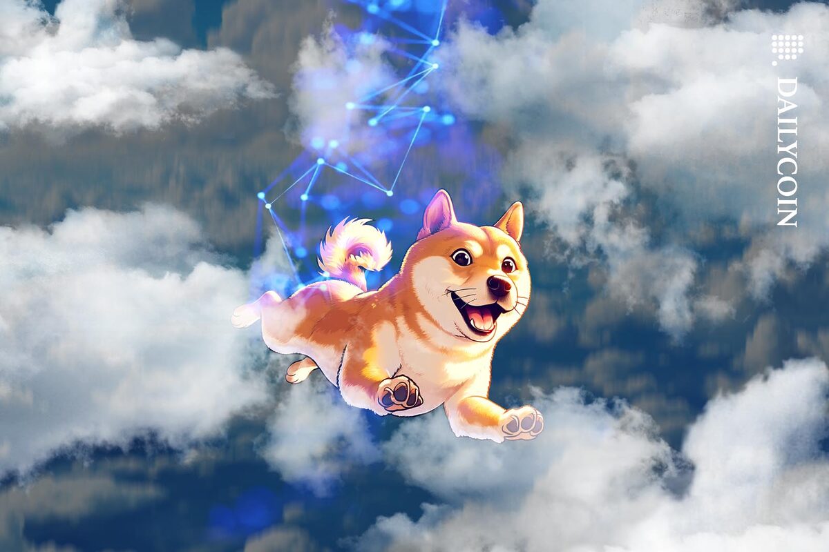 Dogecoin dog falling from the sky but sems to be happy about it.