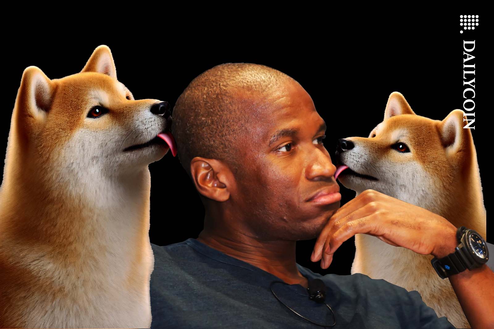 Arthur Hayes being licked by Shiba Inus.