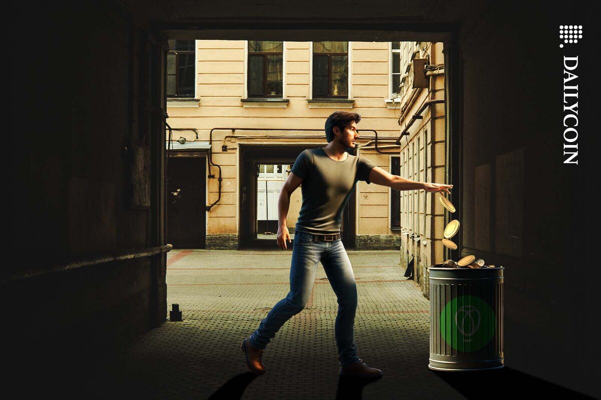 Man puting some gold coins in a trash can in a dark alley.