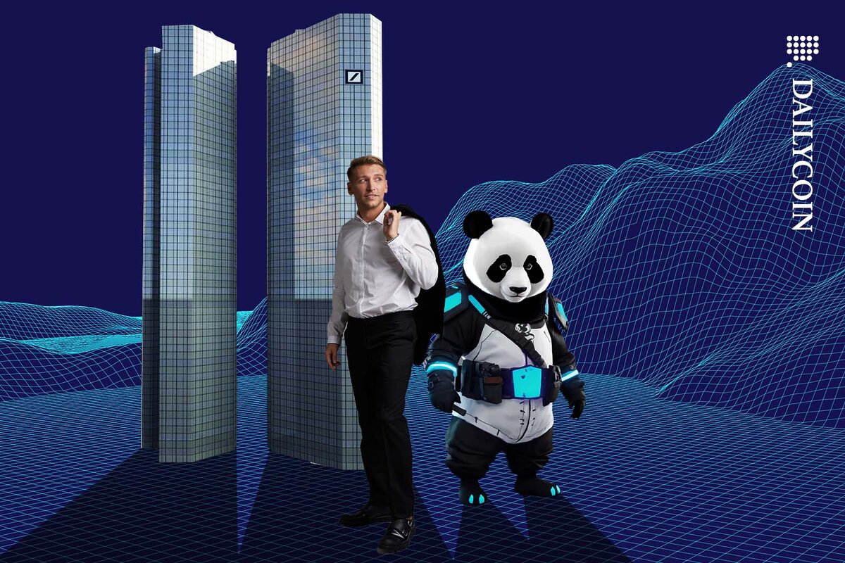 A German banker and a panda standing infront of the Deutsche Bank HQ building.