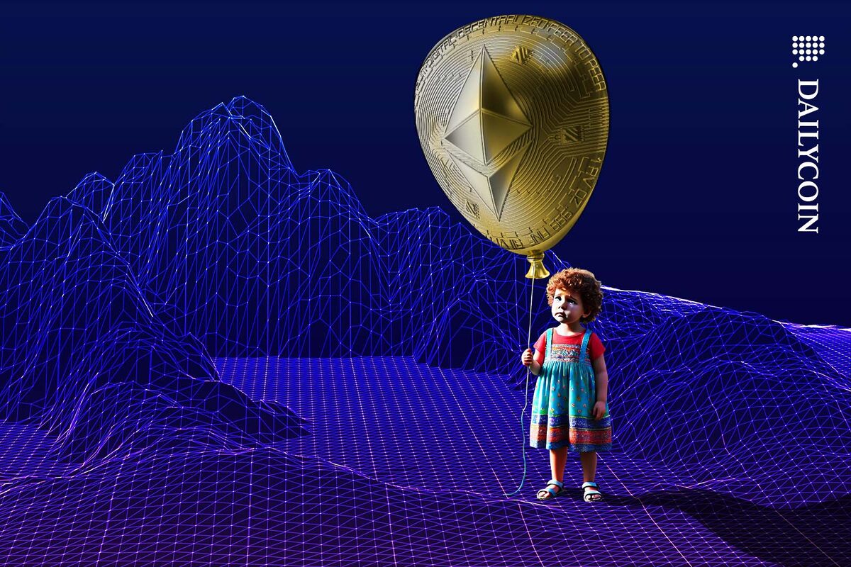 Little girl appears to be sad whilst holding an Ethereum balloon.