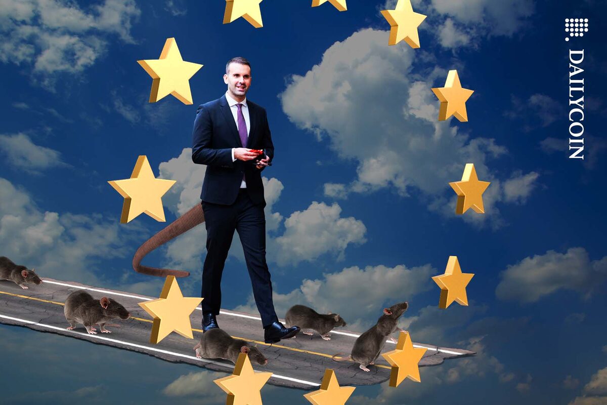 PM Milojko Spajić walking with an army of rats towards a gate made out of EU stars.