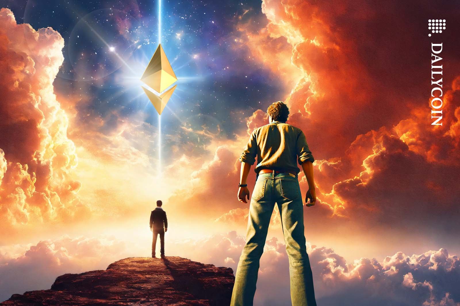 Two men staring at a Ethereum logo on the sky.