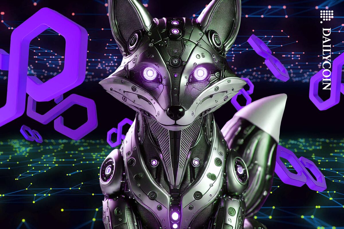A robot fox in a digital environment with Polygon logos around it.