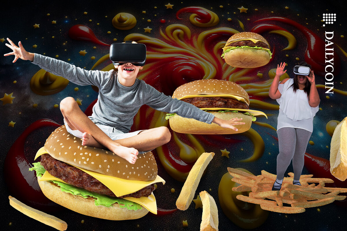 Kid flying around on a cheeseburger in a galaxy made out of ketchup and mustard.