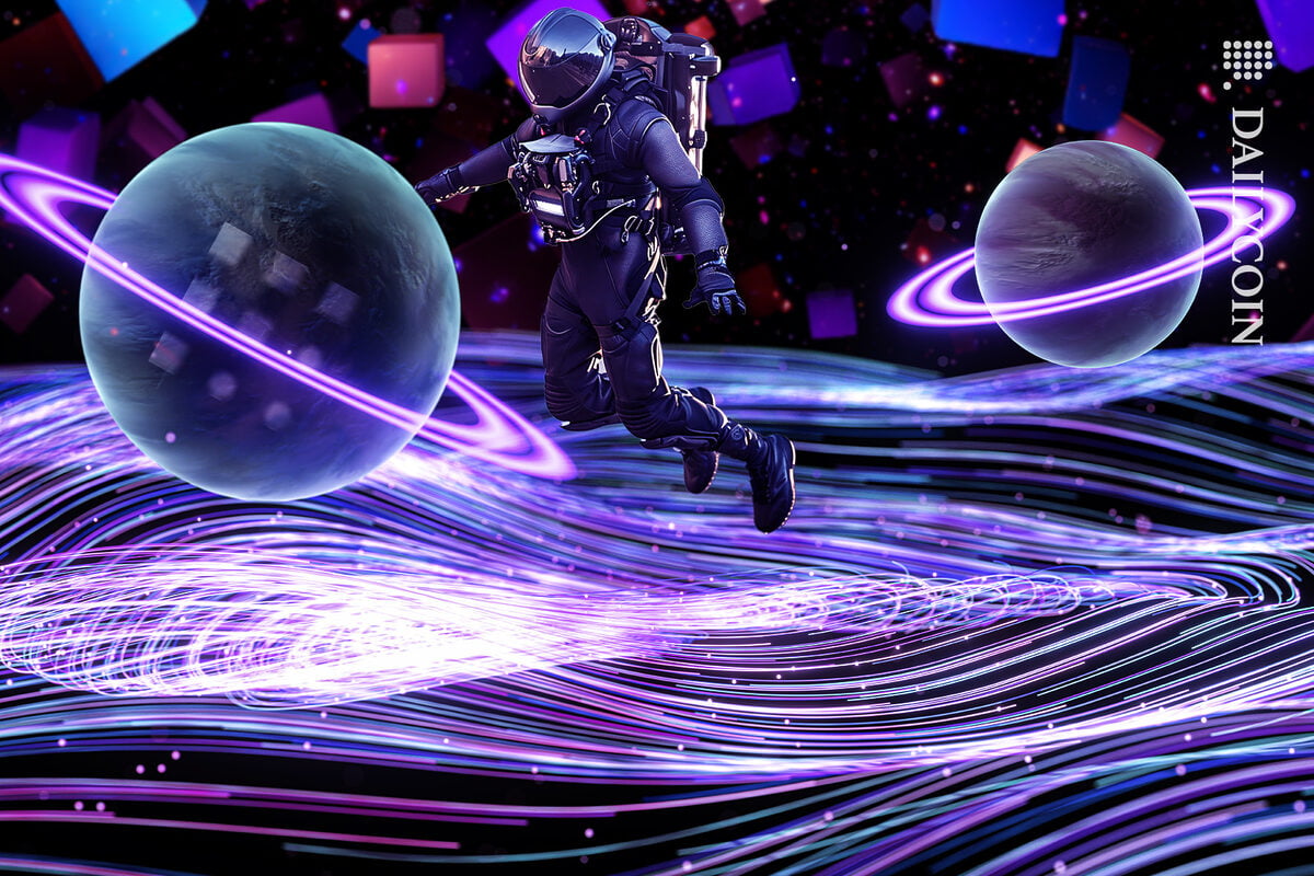 Spaceman on digital land with planets one of them being Fetch.ai (FET) with cube particles all over the atmosphere.