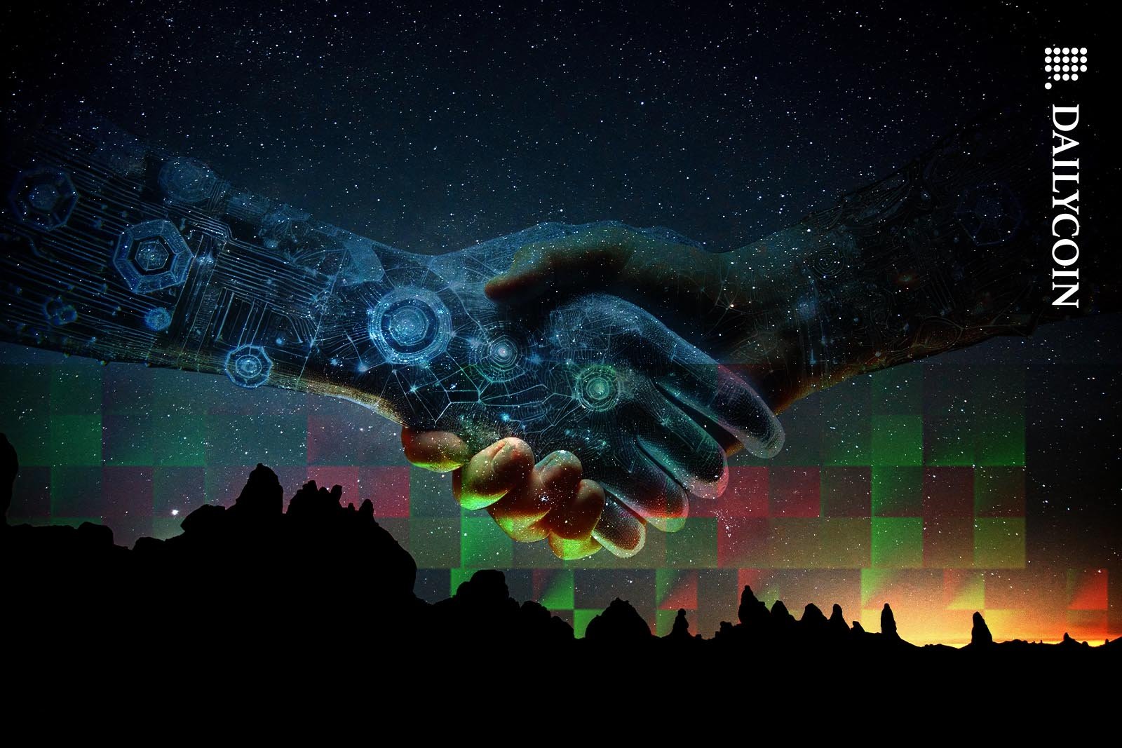 A digital handshake on the night sky.