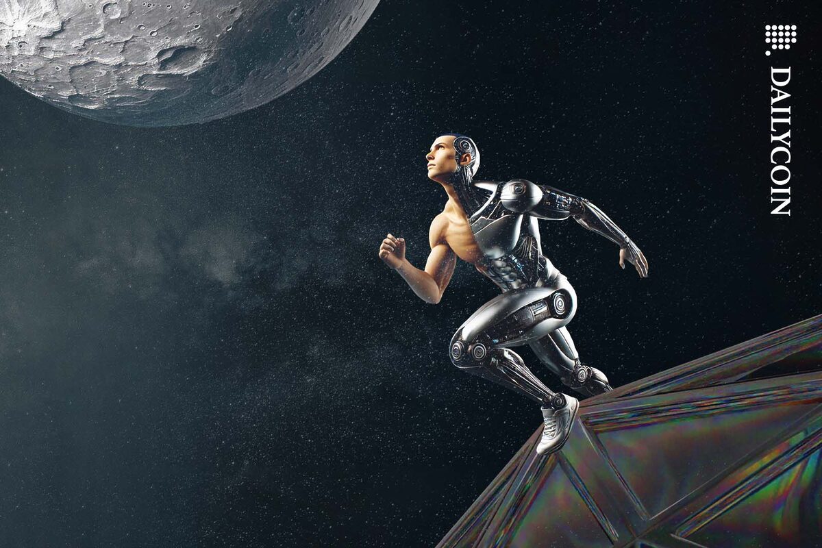 A half human half robot athlete getting ready to attempt a jump to the moon.