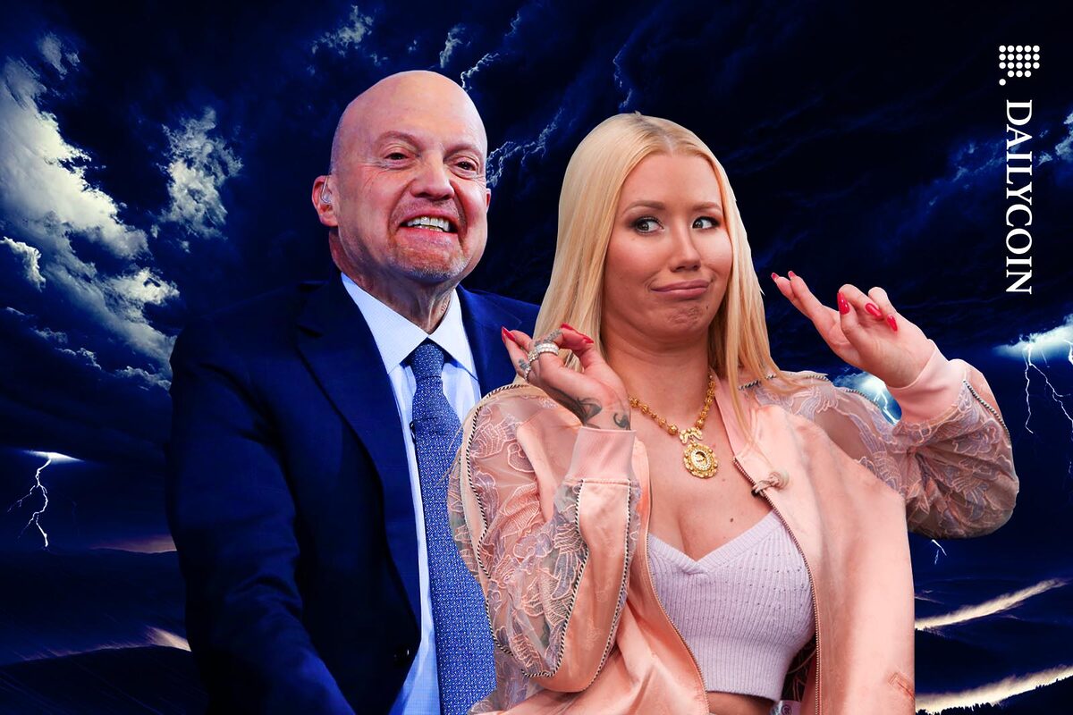 Jim Cramer and Iggy Azalea posing for the camera as a storm brewing in the background.