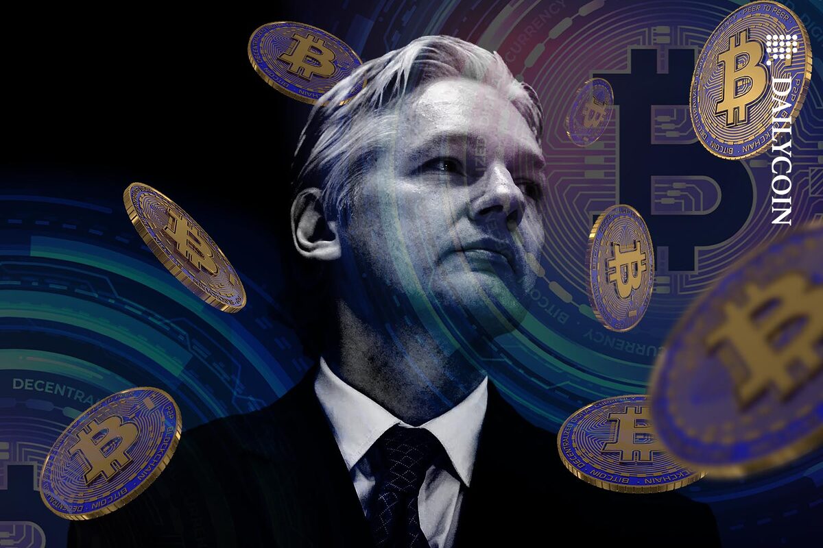 Julian Assagne surrounded by floating Bitcoins.