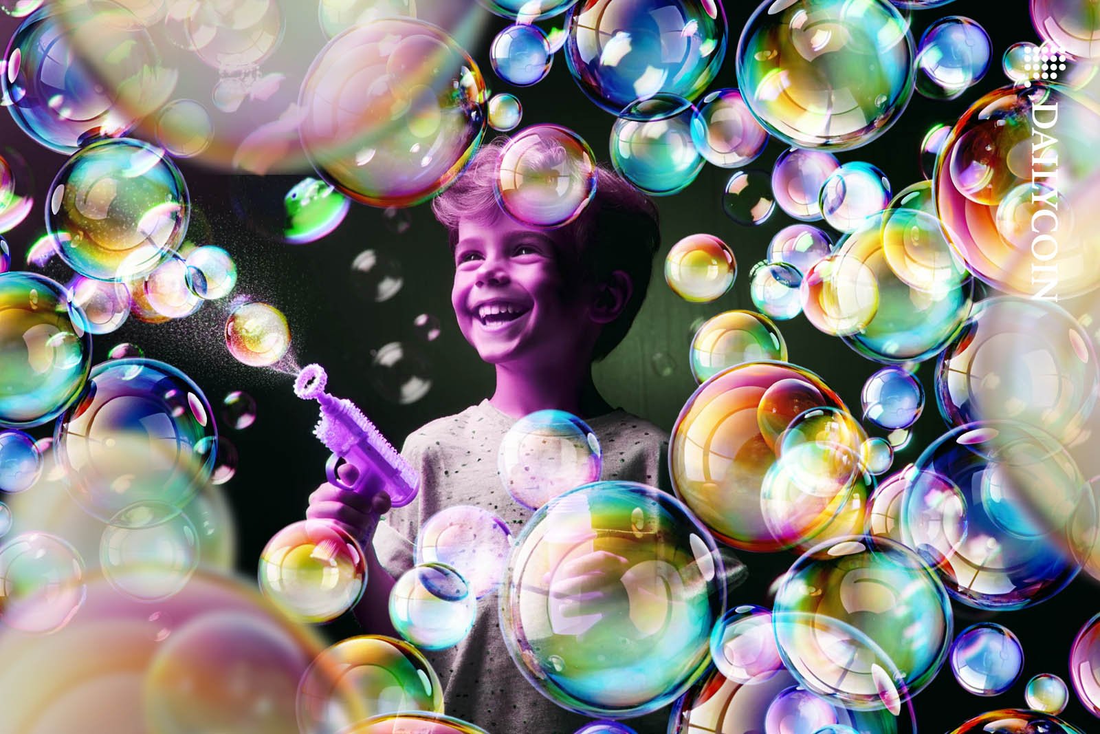 A purple boy creating millions of soap bubbles with a purple bubble gun.