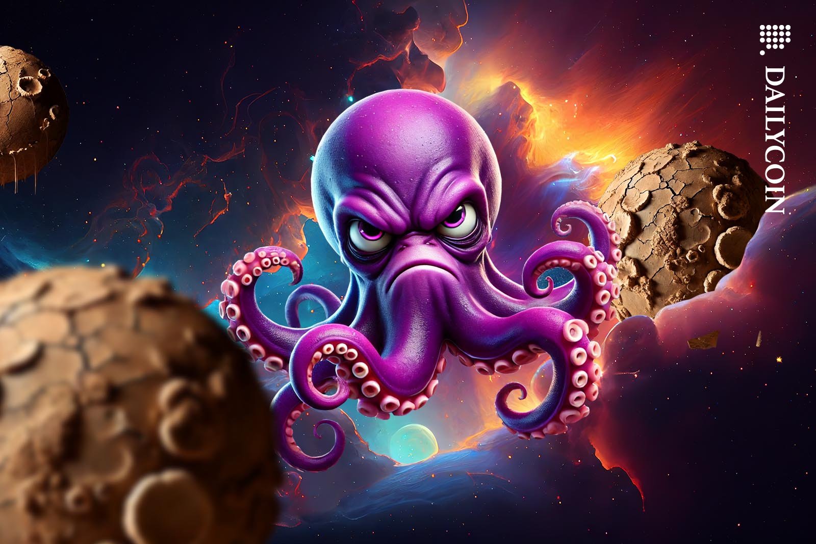 Angry purple octopus floating around in space.