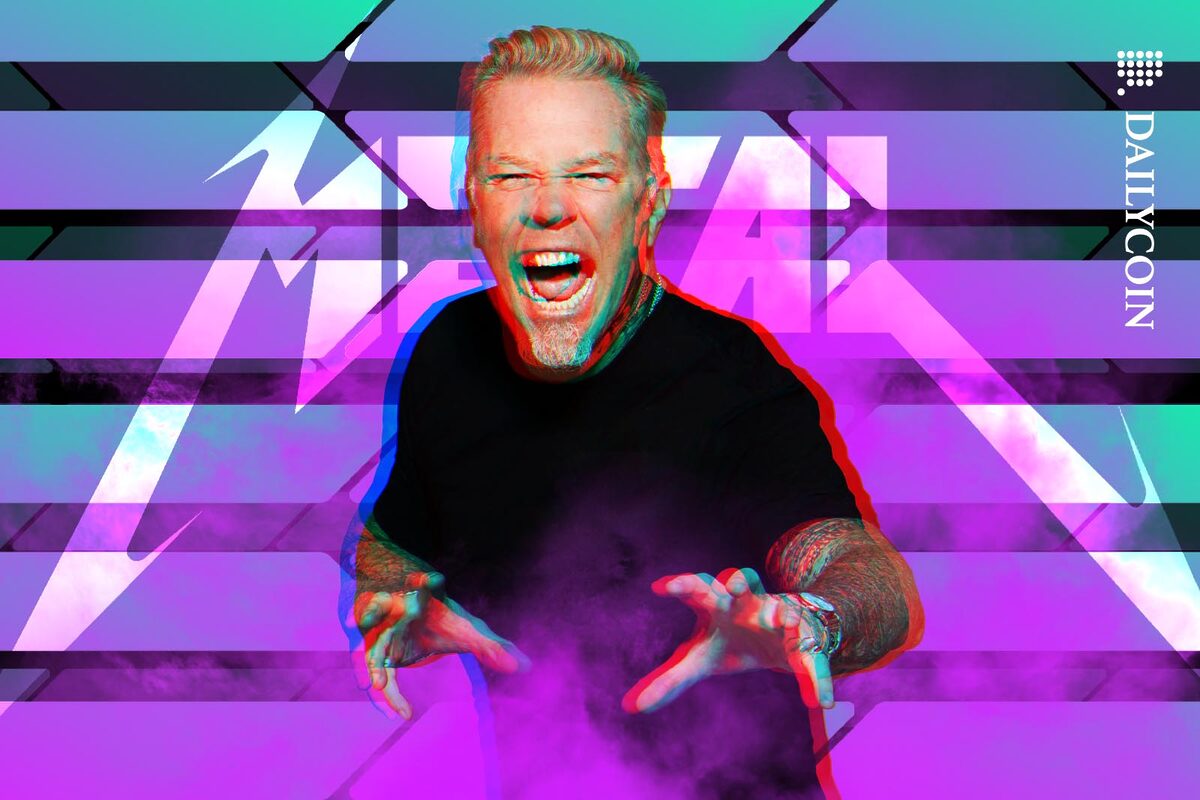 James Hetfield scaring the audience infront of a wall of Solana logos.