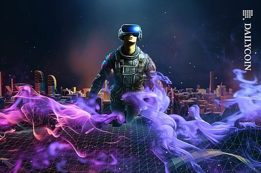 Gamer wearing VR glasses flying through a metaverse.