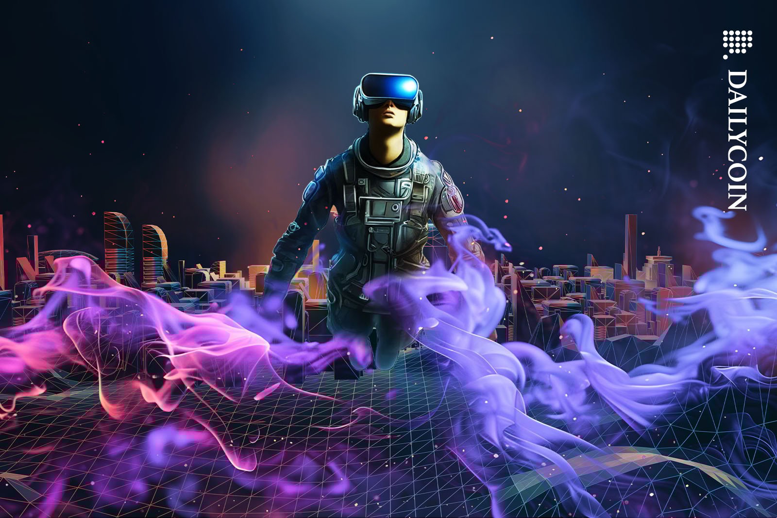 Gamer wearing VR glasses flying through a metaverse.
