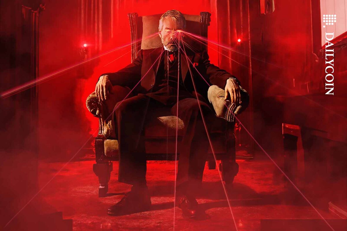 Michael saylor sitting in an armchair "Godfather" style with laser eyes in a room filled with red smoke.