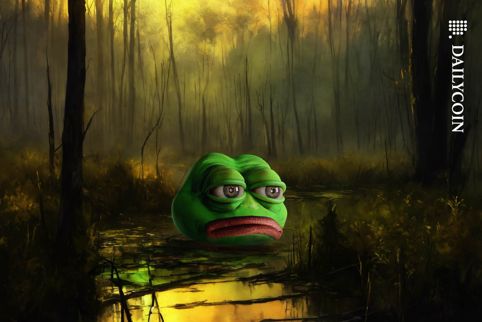 Pepe the frog emerged in a swamp neck deep, looking sad.