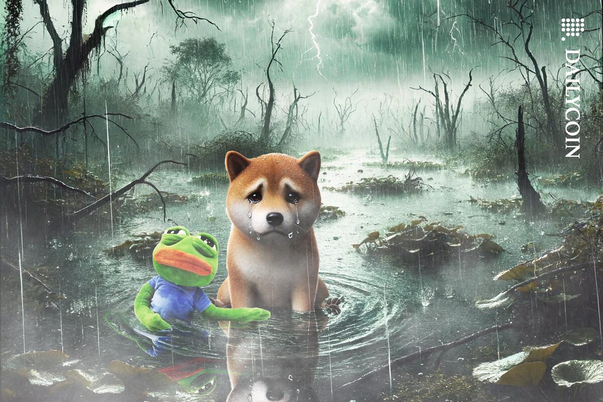 Pepe the Frog and a Shiba Inu Sitting in a swamp in the rain being very sad.