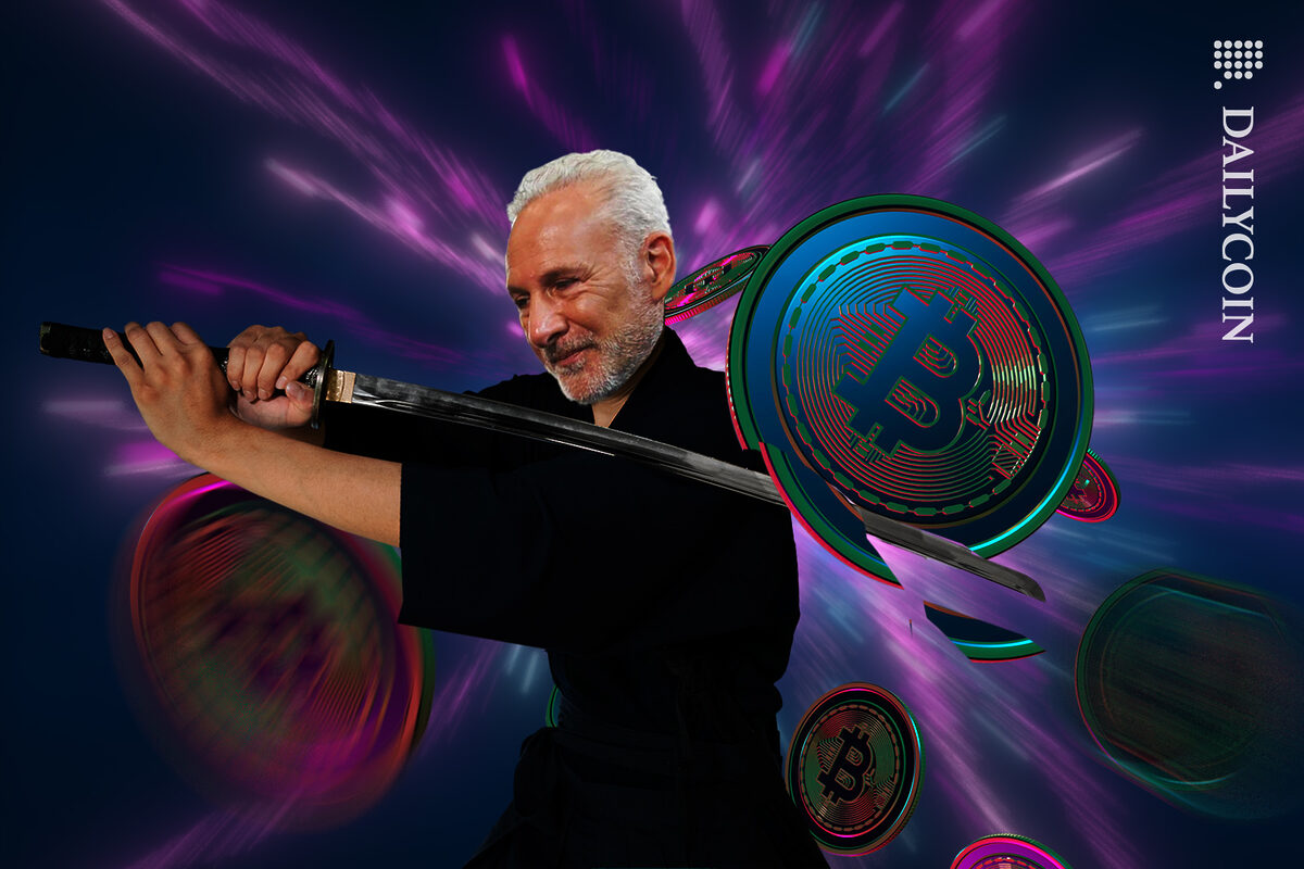 Peter Schiff chopping up bitcoins with his sword.